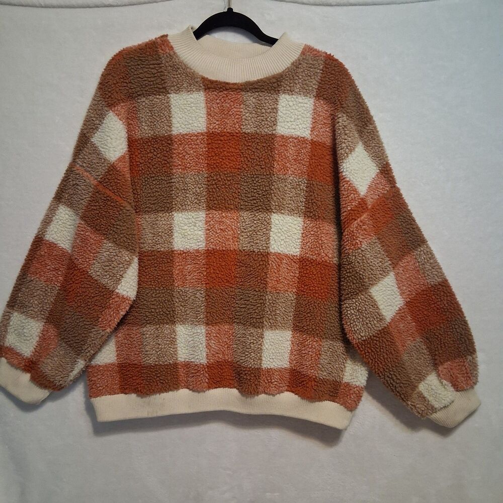 Simplee L Sweatshirt Orange Plaid Teddy Bear Fleece Crewneck Autumn Preppy